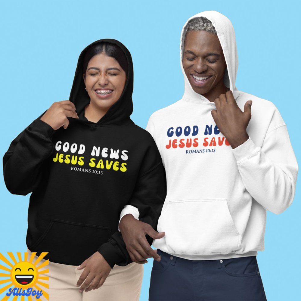 GOOD NEWS JESUS SAVES White Fleece Pullover Hoodie Sweatshirt - Picture 2 of 3